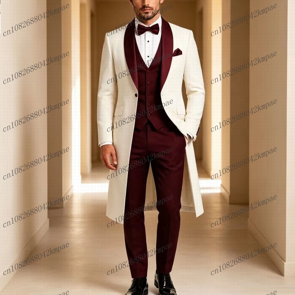 Men'S Grooming Jacket - Beyaz ve Bordo Uzun Blazer Resmi